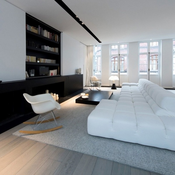 black and white interior modular couch gray carpet 