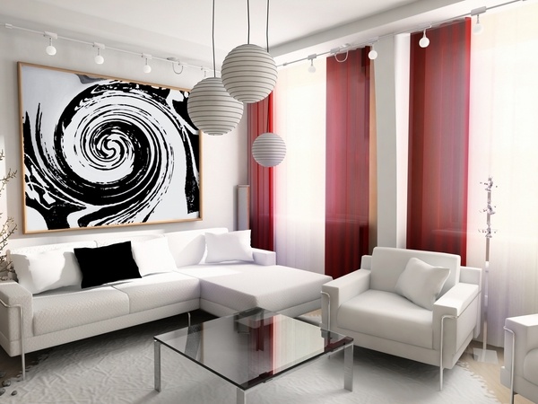 black and white living room interior design red accent color curtains