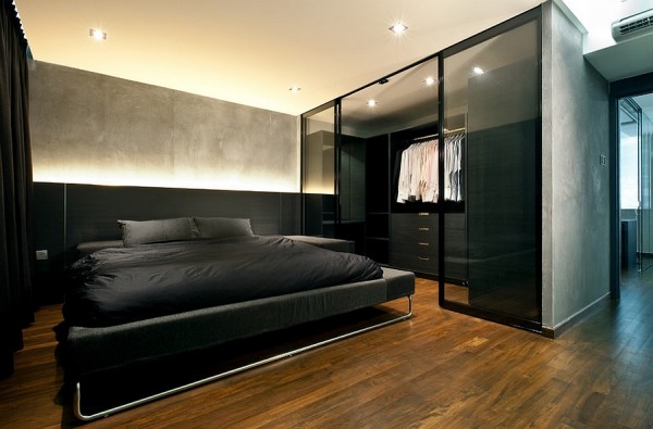 black bedroom idea naturalwood flooring stylish walk in closet bachelor pad design
