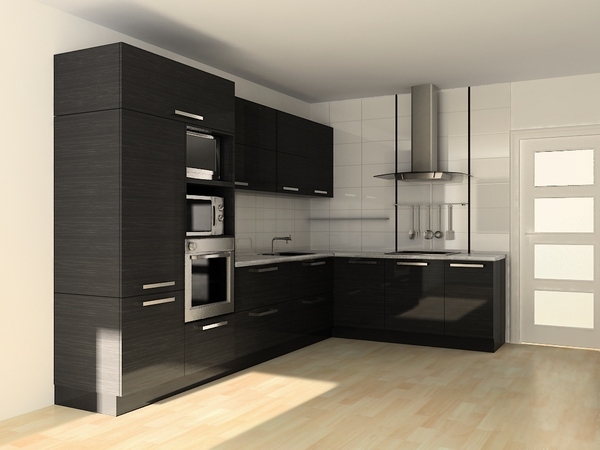 black corner kitchen white walls wood flooring stainless steel appliances