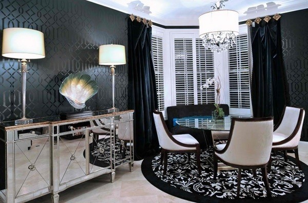black wallpaper black curtains and carpet white lighting fixtures
