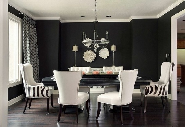  accent wall black table white dining chairs