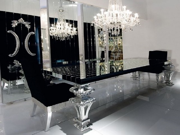 black chairs mirror table top 