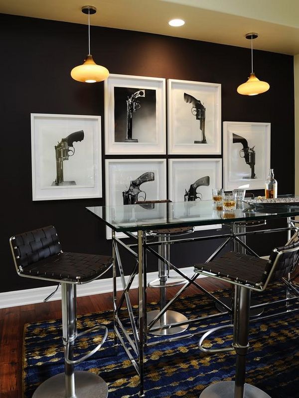 contemporary design-black-walls-bar-stools