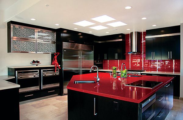 black kitchen decoration ideas red backsplash island countertop