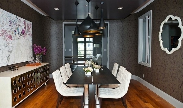 black wall color modern dining room design pendant lamps credenza