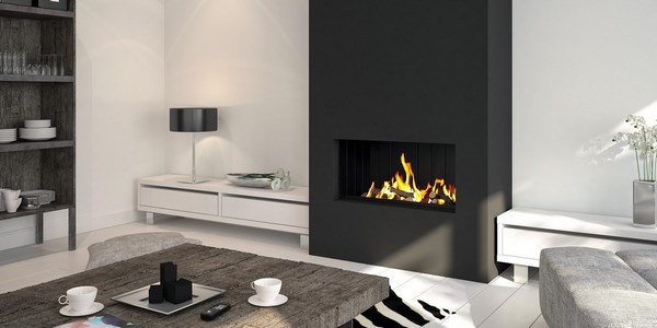 black white living room black modern ventless gas fireplace wooden coffee table