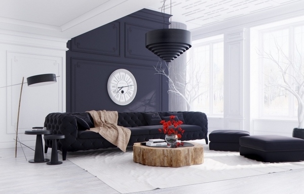black white minimalist living black sofa tree trunk coffee table