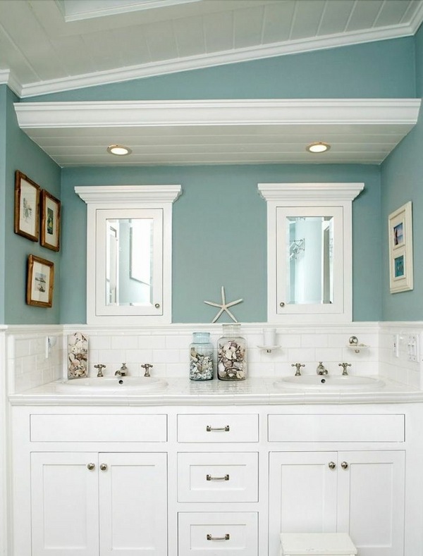 classic white vanity cabinet blue wall color