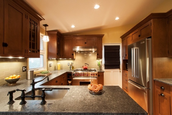 kitchen design gray granite countertops wood cabinets