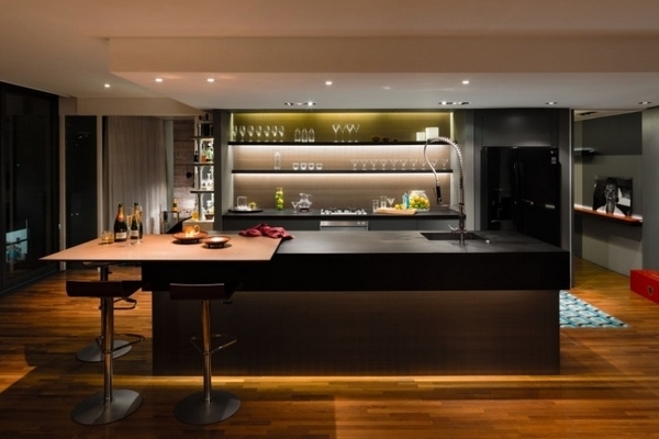 contemporary kitchen design ideas LED lighting open shelves 
