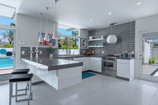 contemporary kitchen design white gray interior white cabinets gray wall tiles 