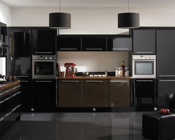 kitchen ideas black cabinets white walls red accents