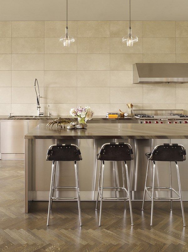 contemporary kitchen travertine tile island with seating