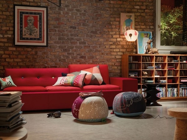 contemporary-living-rooms-with-brick-wall-red sofa open shelves