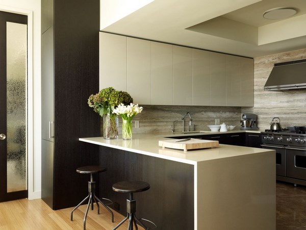 contemporary minimalist kitchen travertine backsplash white cabinets 