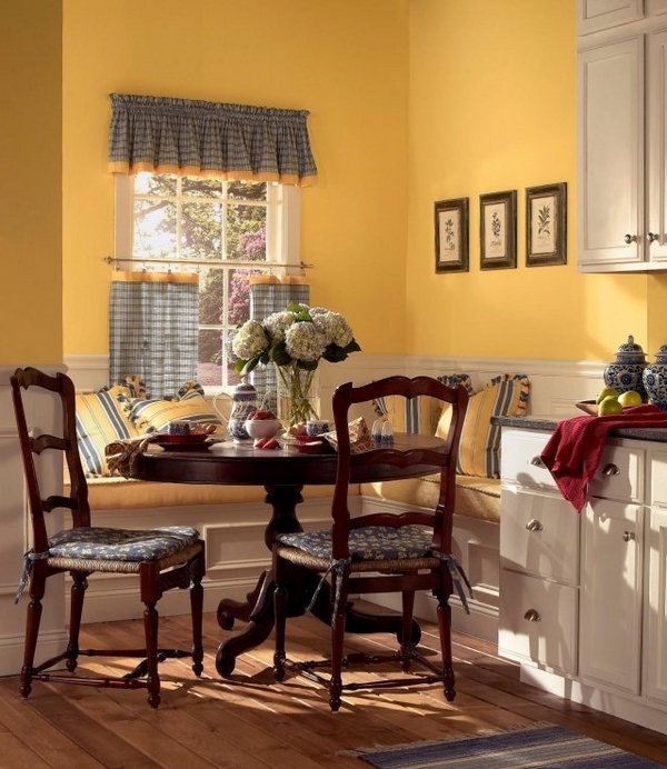 country style kitchen decor gold yellow wall color white cabinets