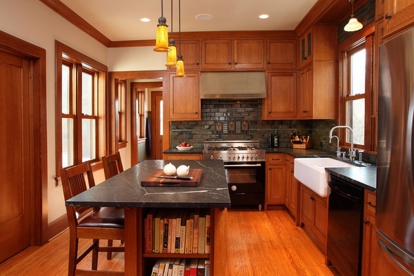 craftsman style kitchen wood flooring kitchen island with seating mini pendant lamps