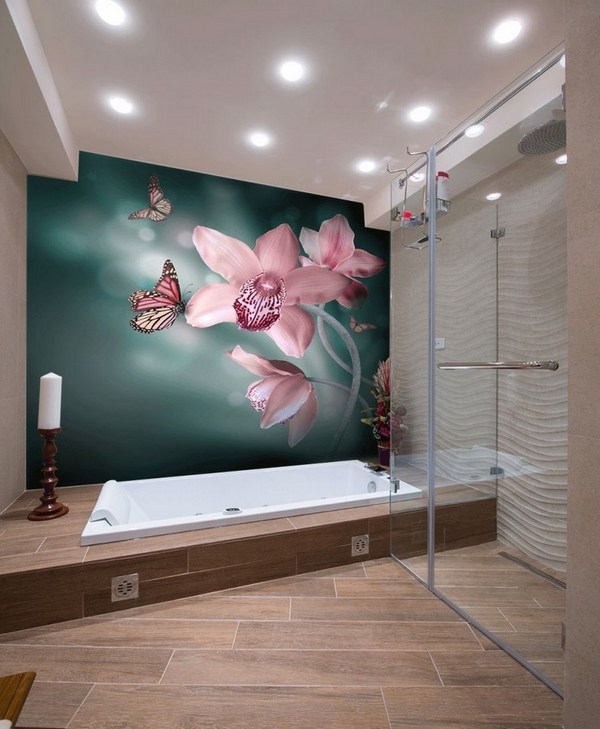 creative bathroom decor ideas wallpaper orchids butterflies