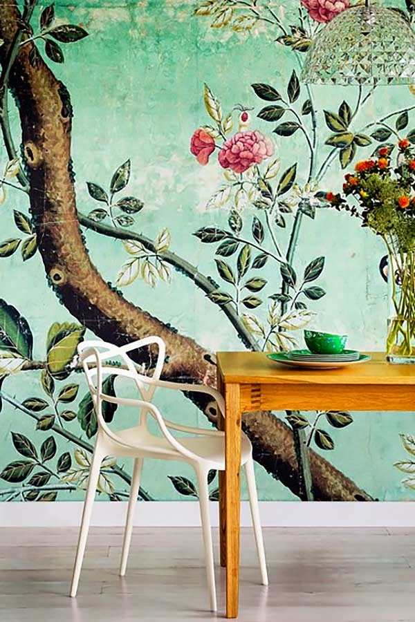  wallpaper decor floral pattern wooden dining table