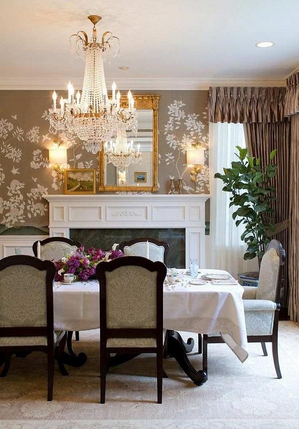 floral pattern large crystal chandelier upholstered chairs