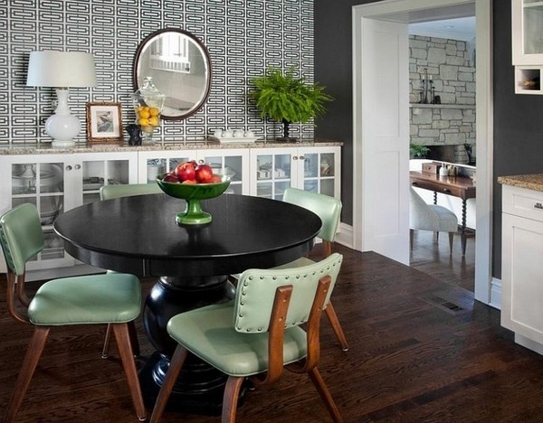  wallpaper gray white pattern black table green leather chairs