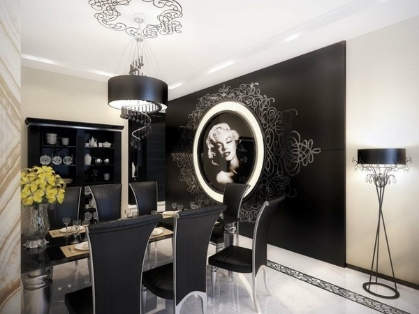 elegant decor ideas accent wall black dining chairs chandelier
