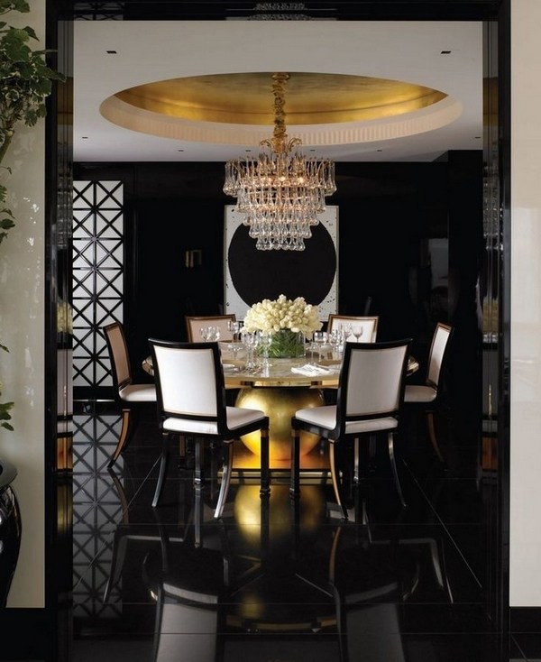 exclusive dining room decor ideas black flooring black wall white chairs crystal chandelier