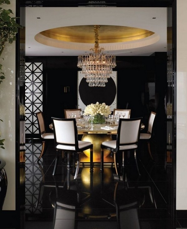 Black White Dining Room / decordots: white walls and dark floor - This set includes a table and six side chairs.