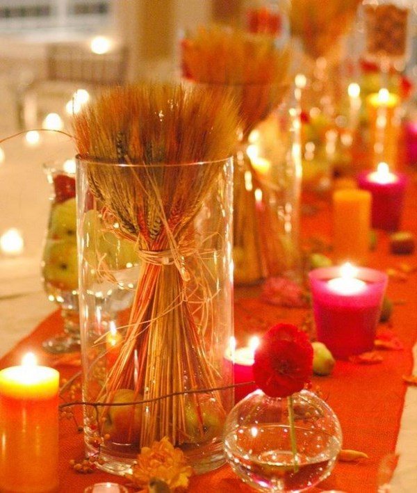 fantastic table decorations wheat bundle glass vases apples