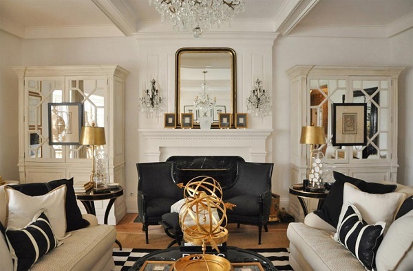 fireplace mantel decorating ideas elegant living room black white gold accents