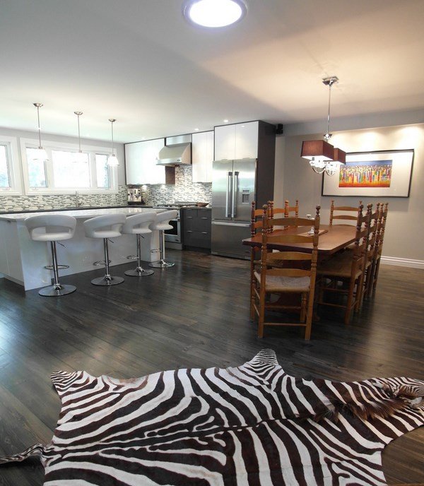 grey-hardwood-floor-white-kitchen-dining furniture exotic rug