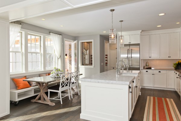 grey-hardwood-floors-ideas white kitchen cabinets breakfast nook