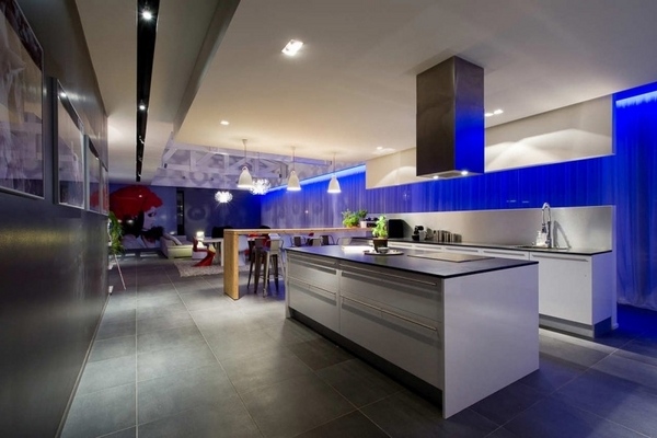 kitchen design ideas white blue colors LED lighting stainless steel countertop