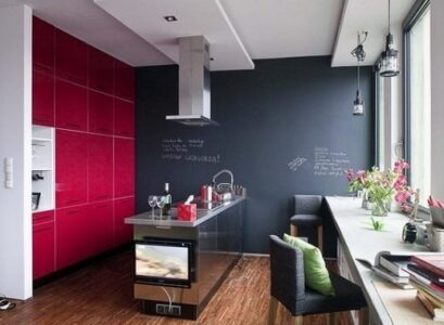 kitchen-wall-color-ideas-chalkboard-paint-accent-wall-red-cabinet-fronts-steel-cooking-island