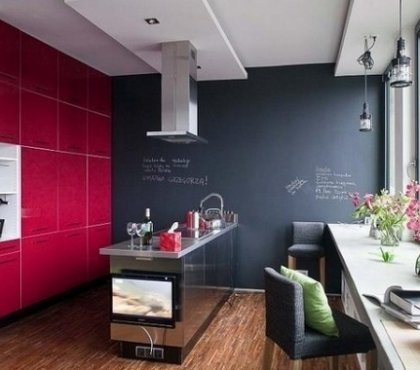 kitchen-wall-color-ideas-chalkboard-paint-accent-wall-red-cabinet-fronts-steel-cooking-island
