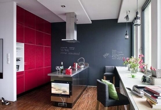 kitchen-wall-color-ideas-chalkboard-paint-accent-wall-red-cabinet-fronts-steel-cooking-island