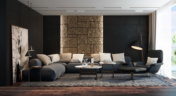 lliving room design ideas black wall color gray sofa stone wall wood flooring