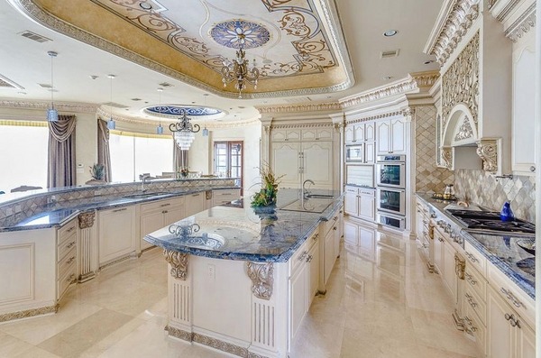 luxury Mediterranean kitchen design white cabinets blue countertops