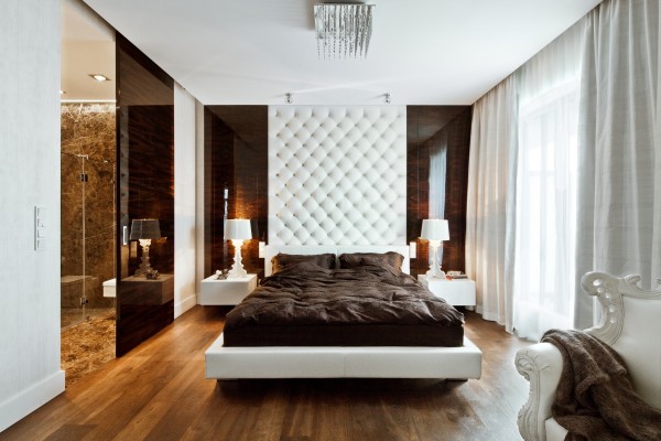  bedroom design white bed tufted headboard hard wood flooring