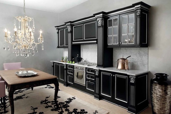 luxury black cabinets crystal chandelier marble countertop
