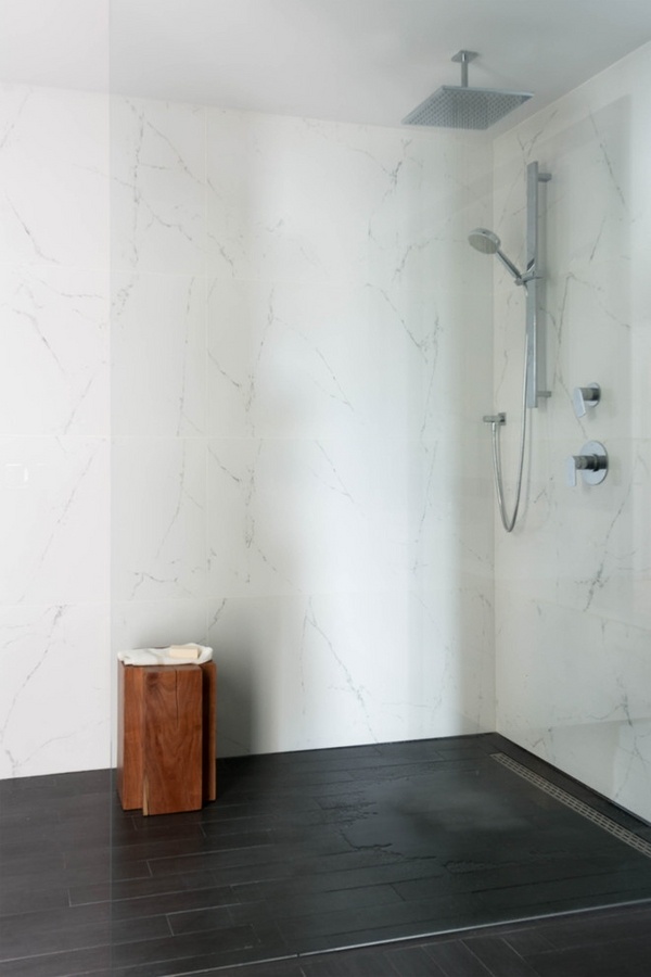 minimalist bathroom design ideas rainshower head linear drain