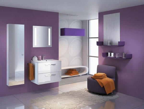 minimalist bathroom design modern purple wall color white vanity 