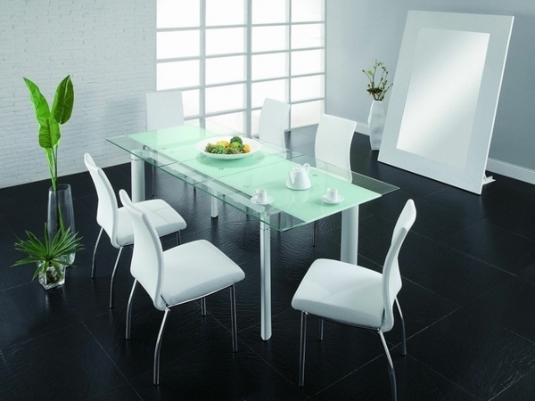 minimalist dining room ideas black flooring white chairs glass dining table