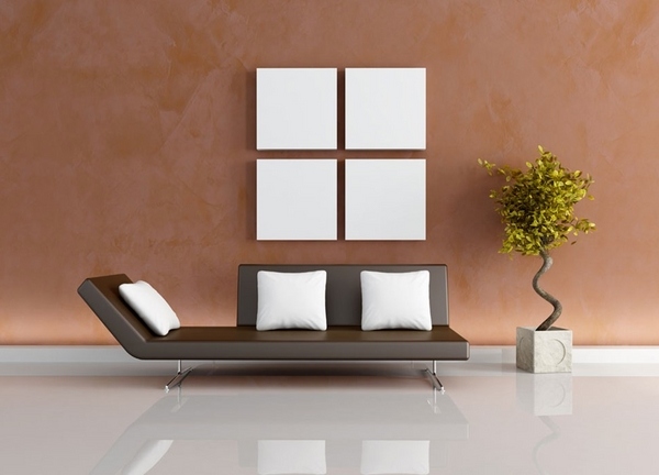 minimalist living room design in brown and beige leather sofa bonsai tree