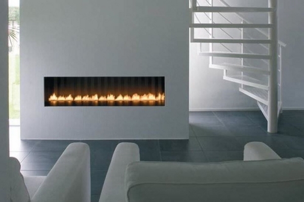 minimalist design white staircase white accent wall modern gas fireplace