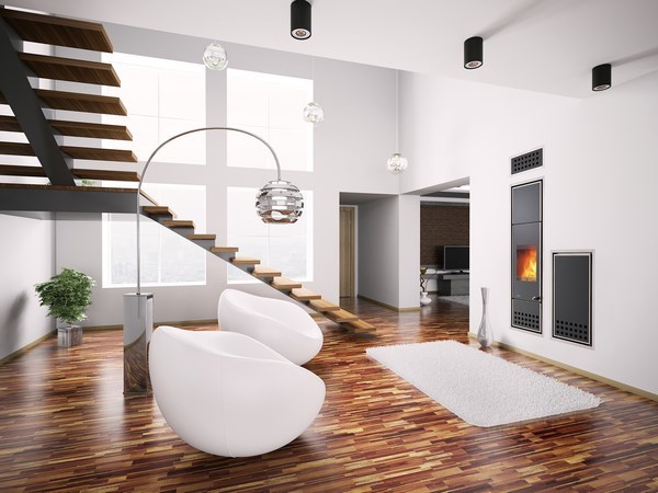 minimalist living room interior design hardwood floor fireplace modern armchairs