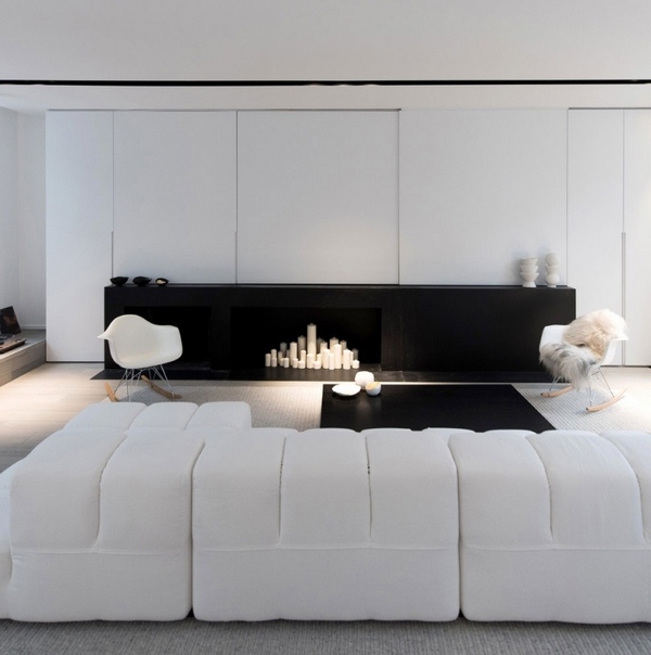 minimalists living room design black and white interior white modular couch modern fireplace