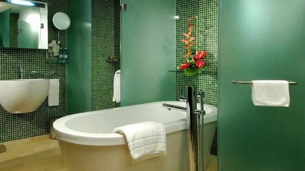 modern bathroom colors green tiles white freestanding tub