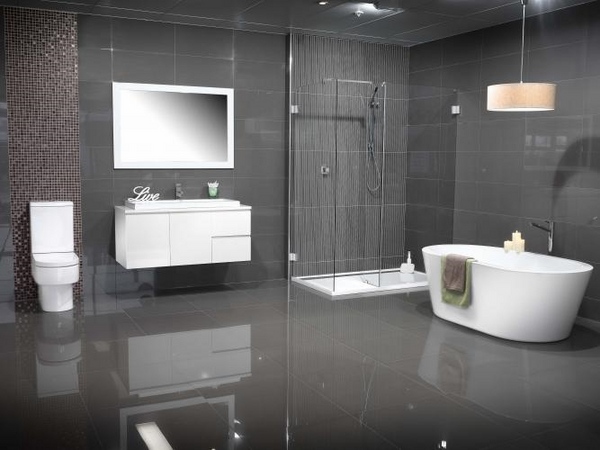 modern colors grey tiles white vanity freestanding tub